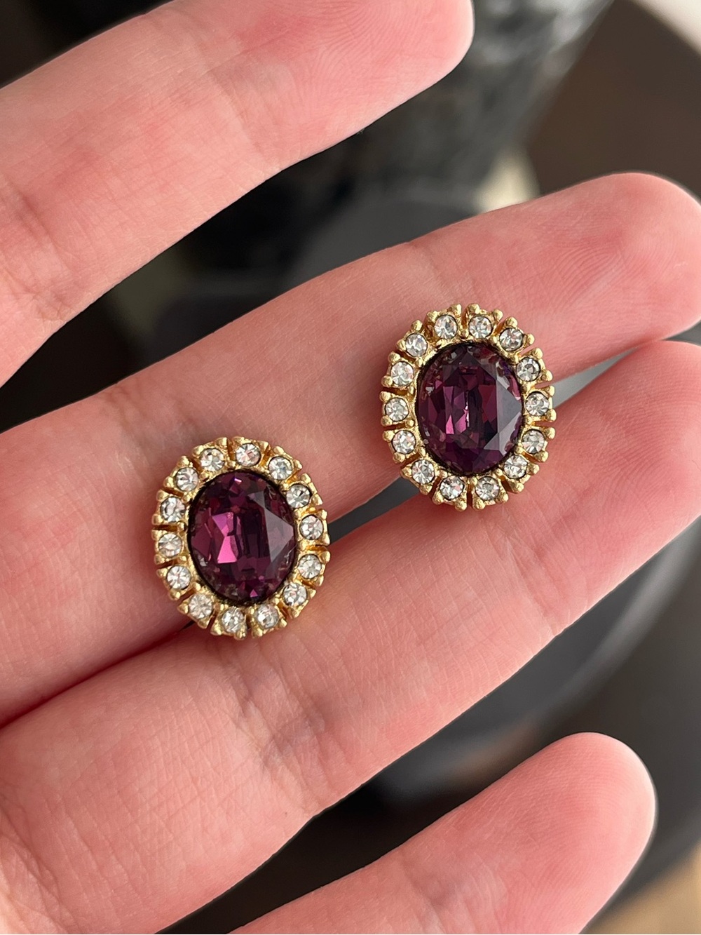Authentic Vintage Dior Starburst Oval Purple Rhinestone Gold Cli-On Earrings